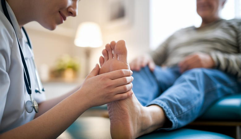 professionnel-medical-examine-pied-senior