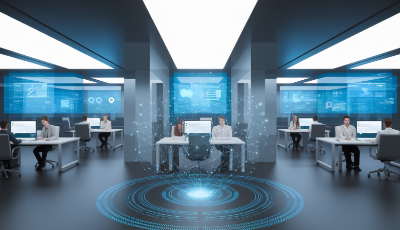 bureau-moderne-collaboration-ecrans-digitaux