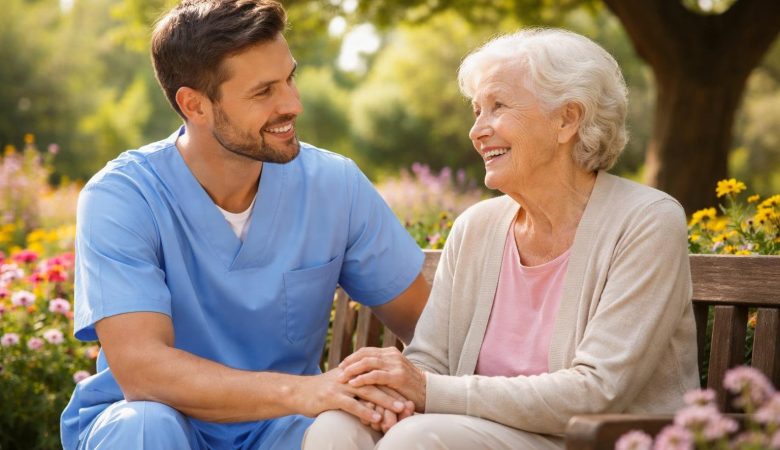 aidant-personne-agee-jardin-fleurs