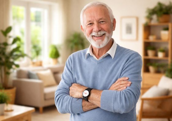 senior-souriant-bracelet-telealarme-plantes