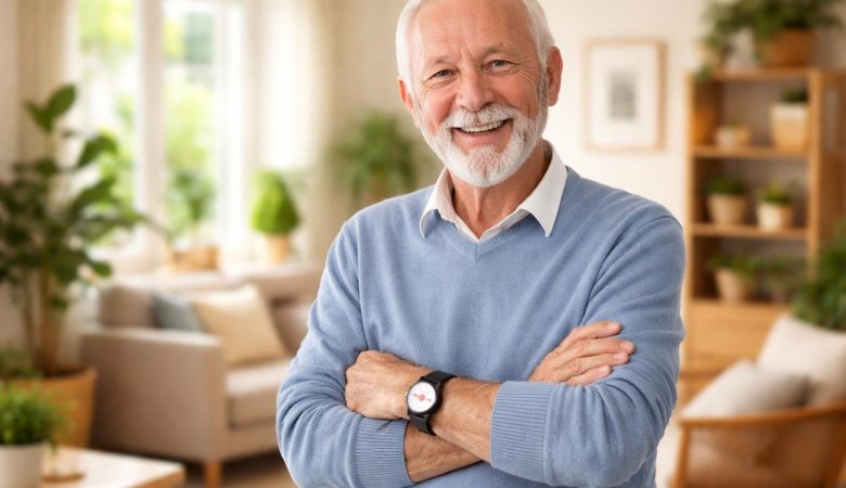 senior-souriant-bracelet-telealarme-plantes