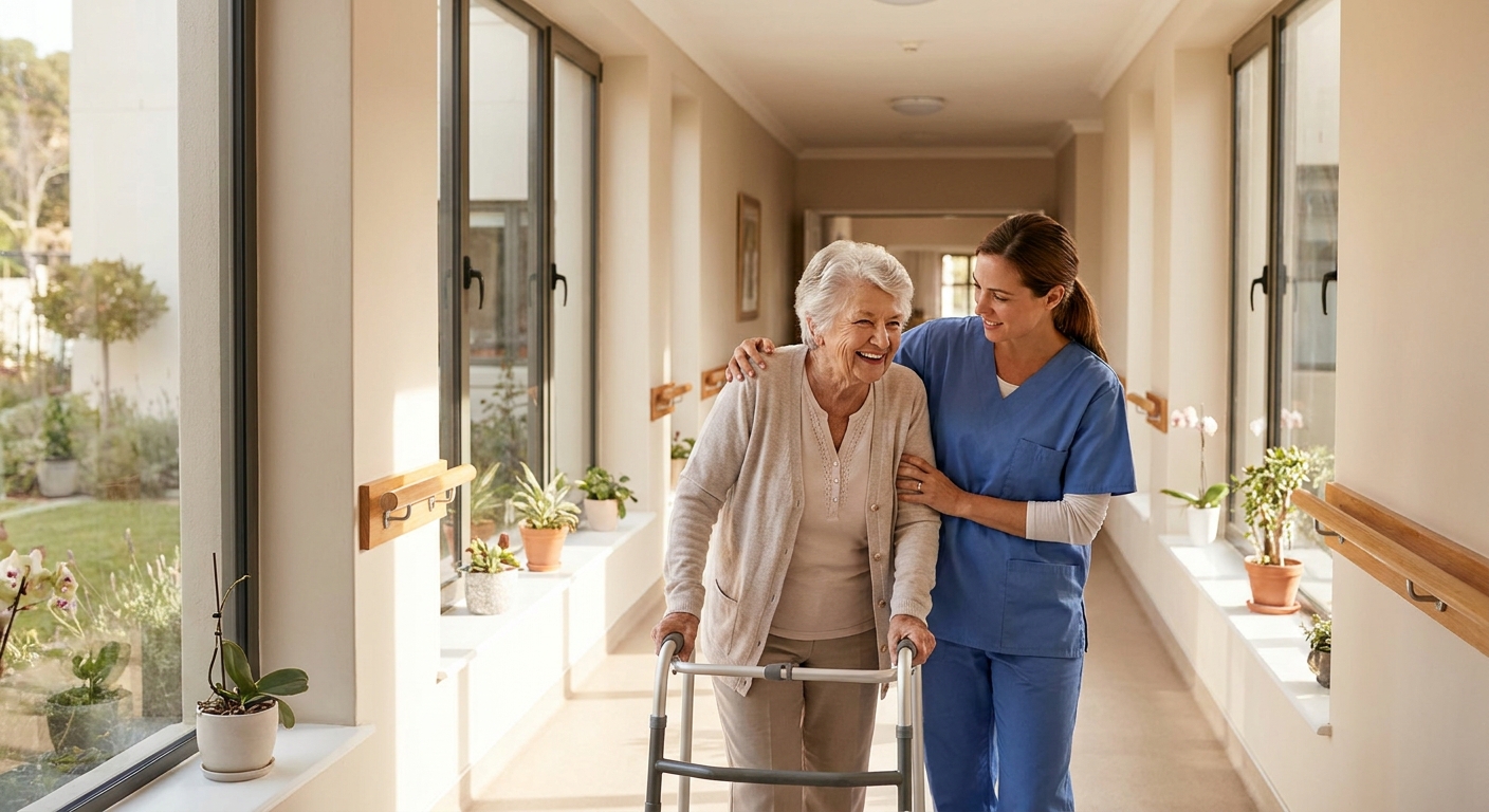 couloir lumineux d'un EHPAD avec une résidente âgée accompagnée par une soignante