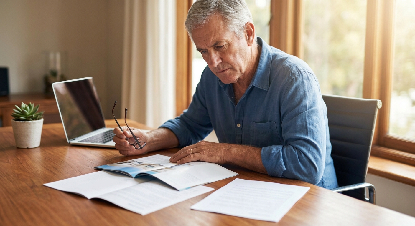 retraité consultant des documents relatifs à sa mutuelle santé individuelle à son bureau