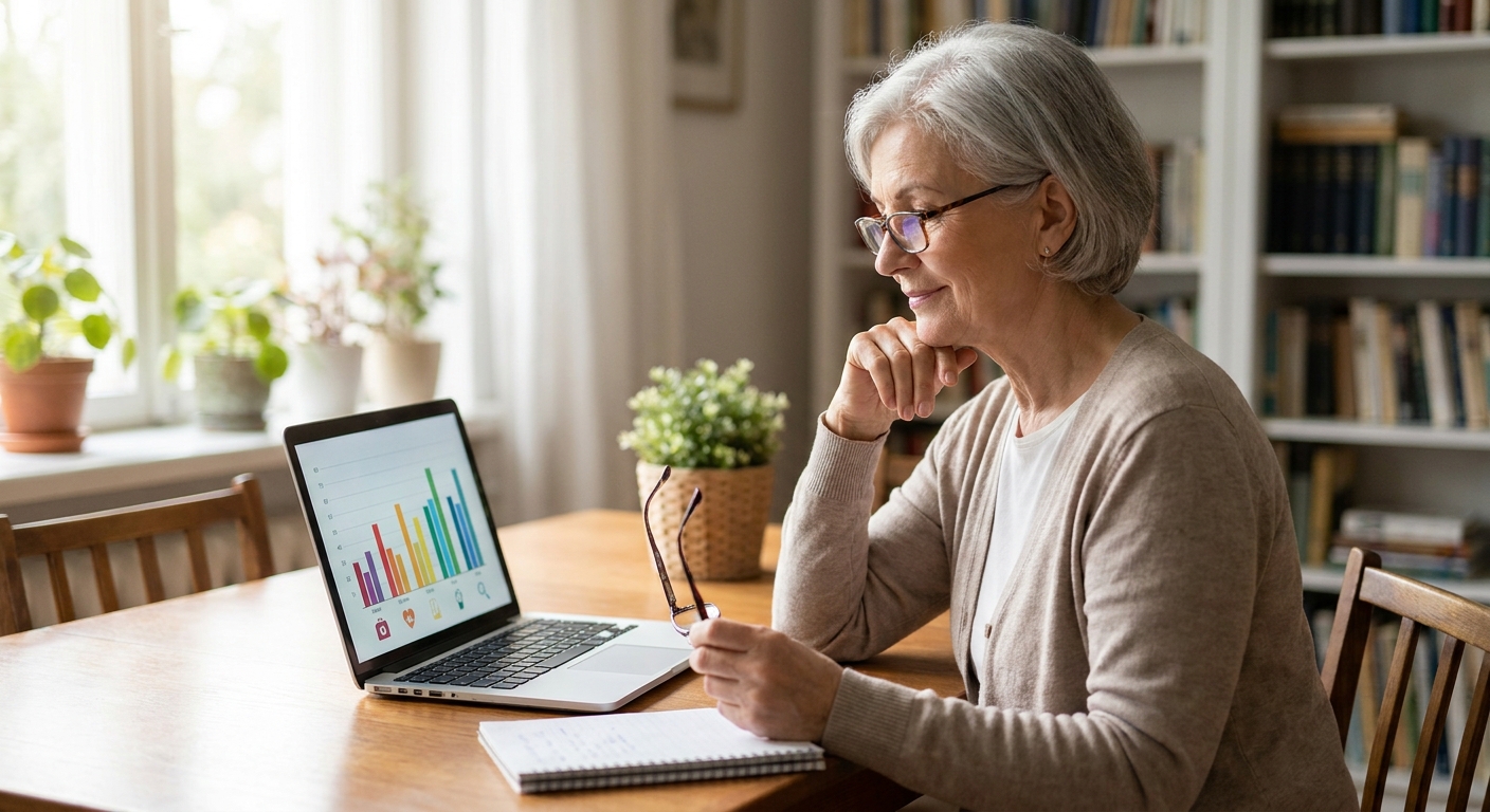 personne senior comparant des offres de mutuelle santé sur un ordinateur portable