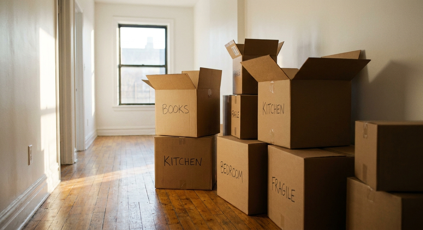 boîtes de déménagement étiquetées dans un couloir d'appartement vide
