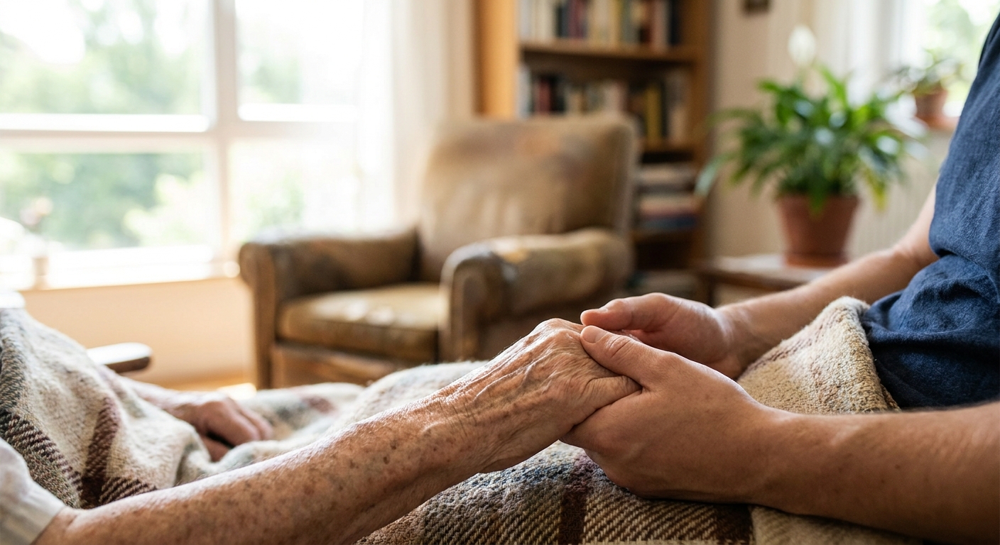 personne âgée tenue par la main par un proche aidant à son domicile
