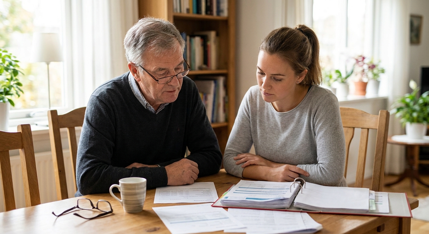 senior et aidant familial assis ensemble à une table, consultation de documents administratifs