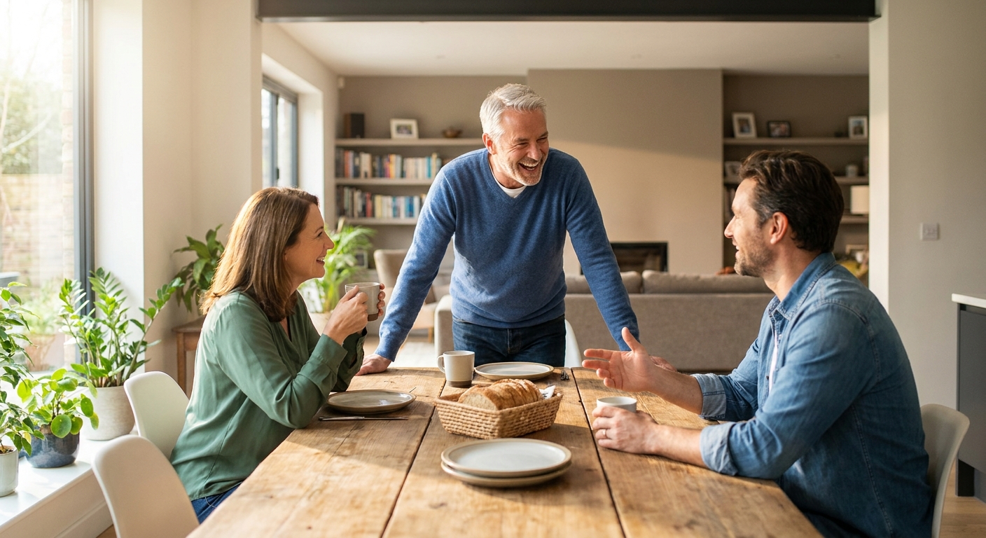 senior souriant qui discute avec sa famille autour d'une table, transmission patrimoniale