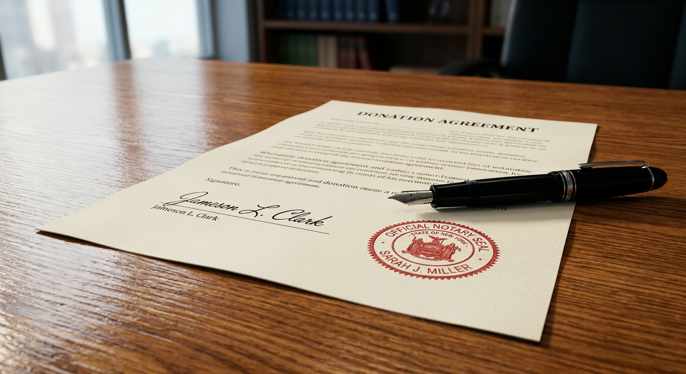 document notarié et stylo plume sur un bureau en bois, signature d'une donation