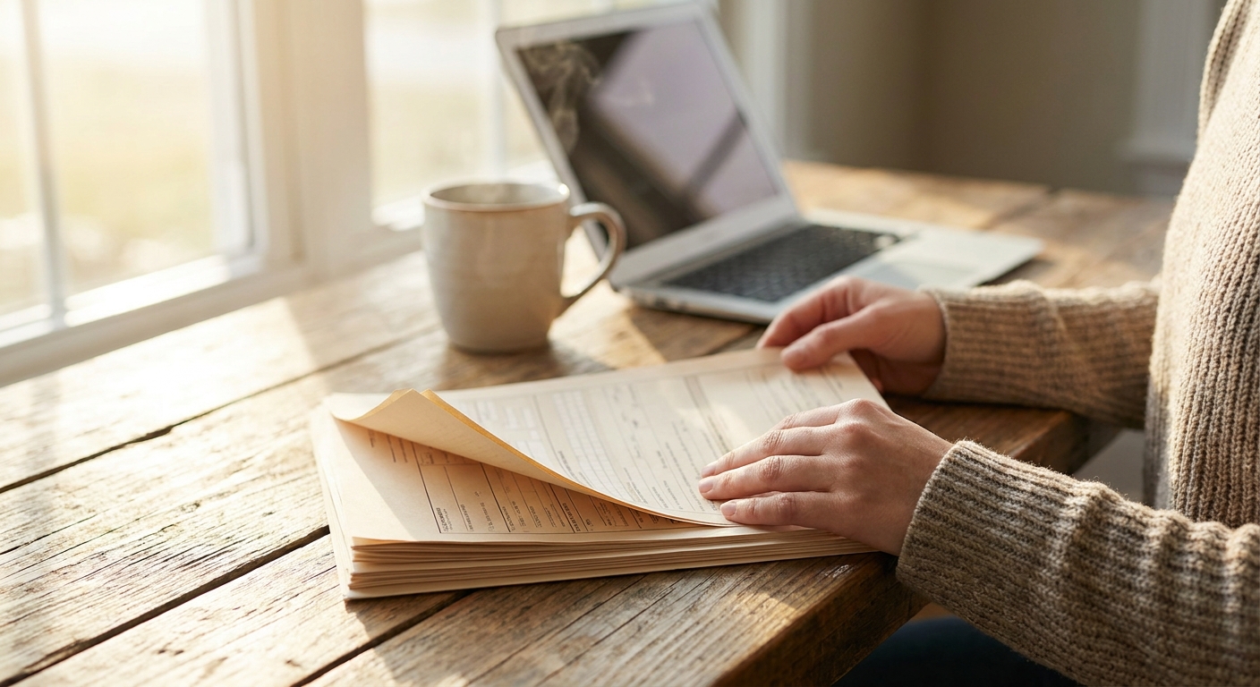 une personne consulte des documents administratifs liés aux aides sociales pour aidants familiaux