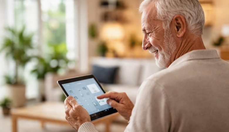senior-tablette-maison-moderne-plantes