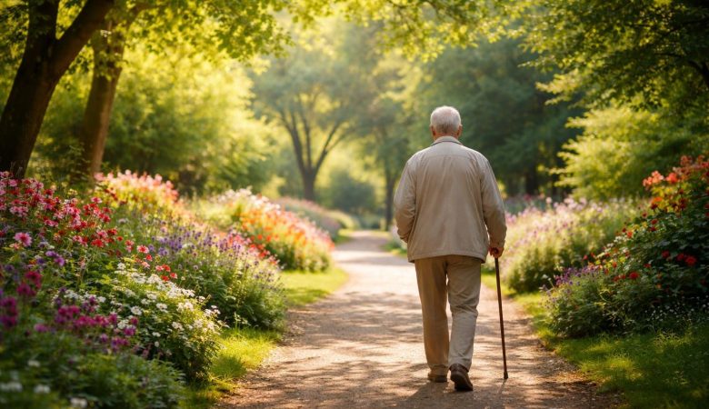 senior-marchant-parc-arbres-fleurs