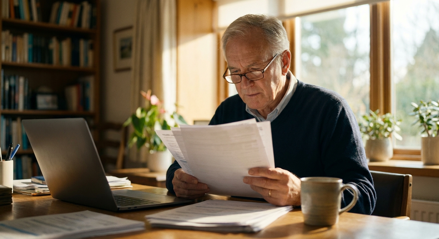 senior retraité consultant ses documents de mutuelle santé à son bureau à domicile