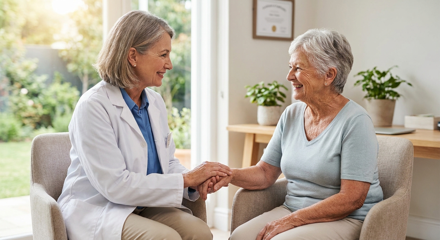 médecin gériatre en consultation avec une patiente senior souriante dans un cabinet médical