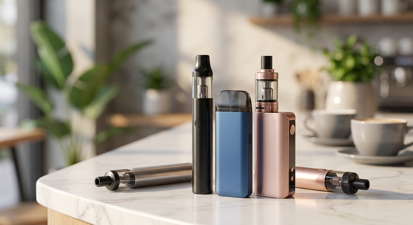 sélection de cigarettes électroniques de type pod et kit débutant posées sur une table