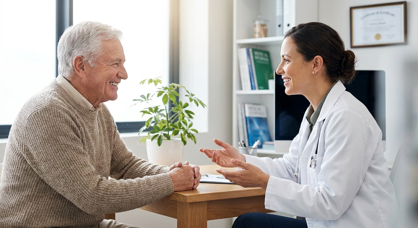 senior retraité souriant lors d'une consultation médicale avec un médecin généraliste