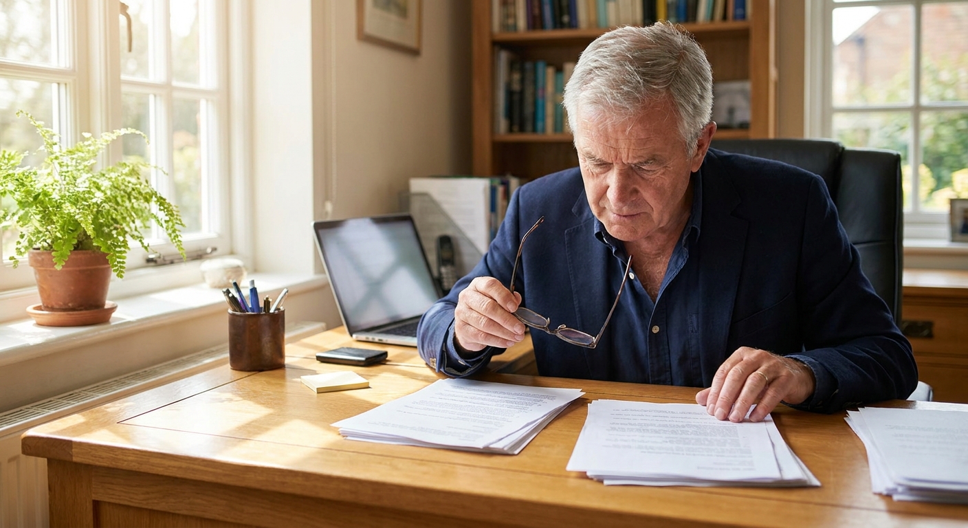 personne senior comparant des documents de mutuelle santé à son bureau