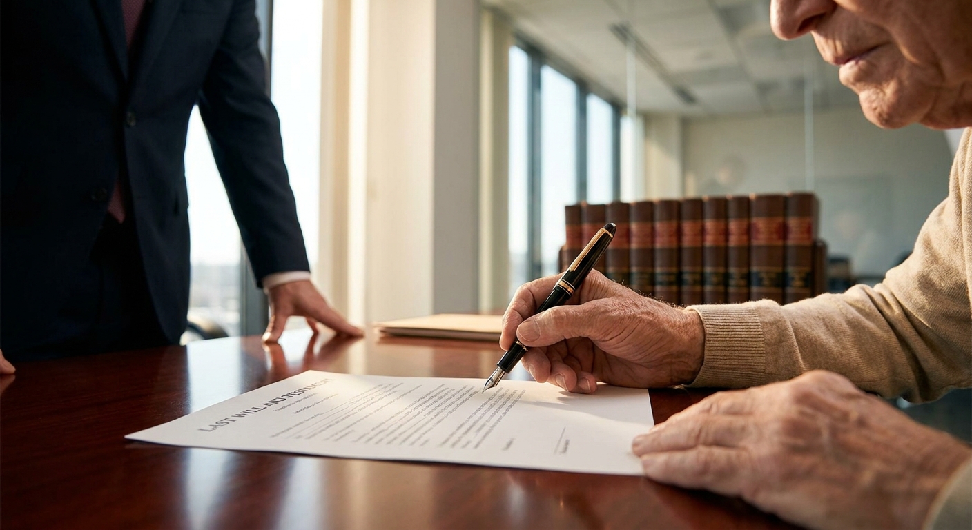 personne âgée signant un document testamentaire devant un notaire
