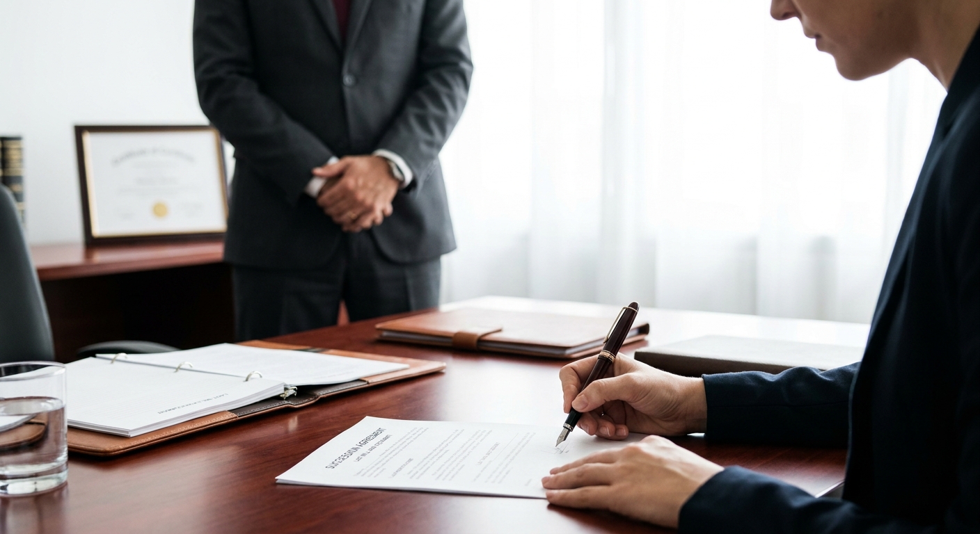 une personne signant un document officiel de succession avec un notaire à ses côtés