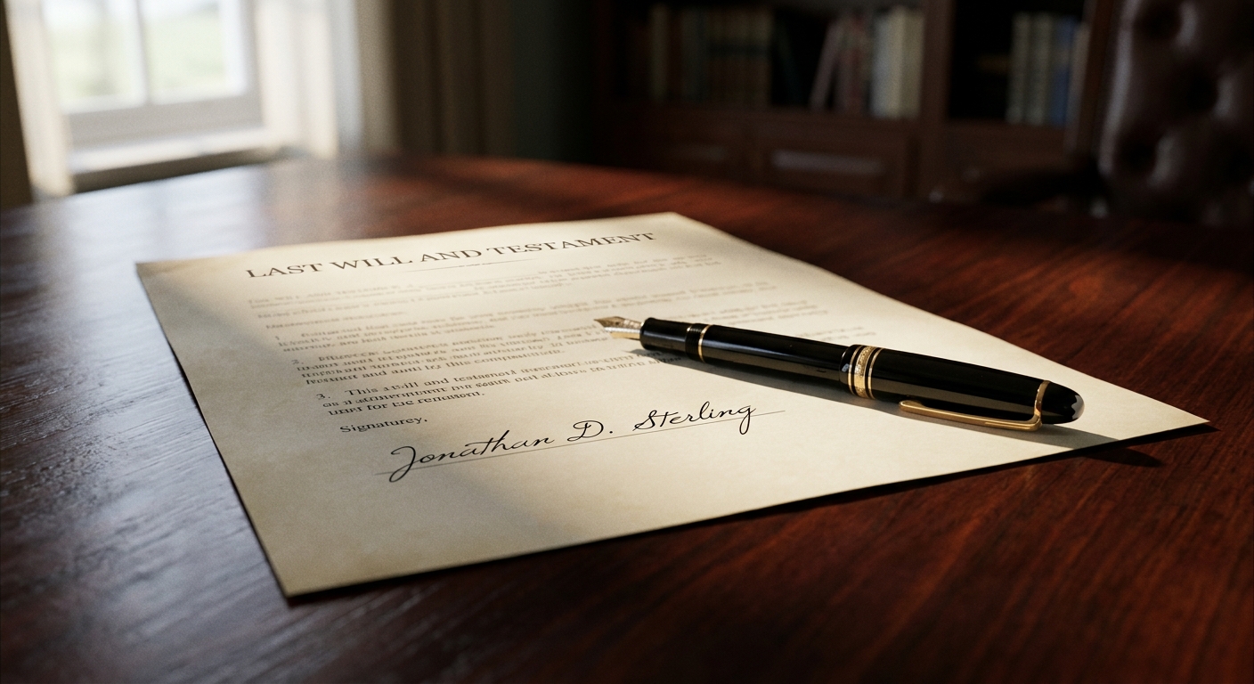 document testament avec stylo posé dessus sur un bureau en bois